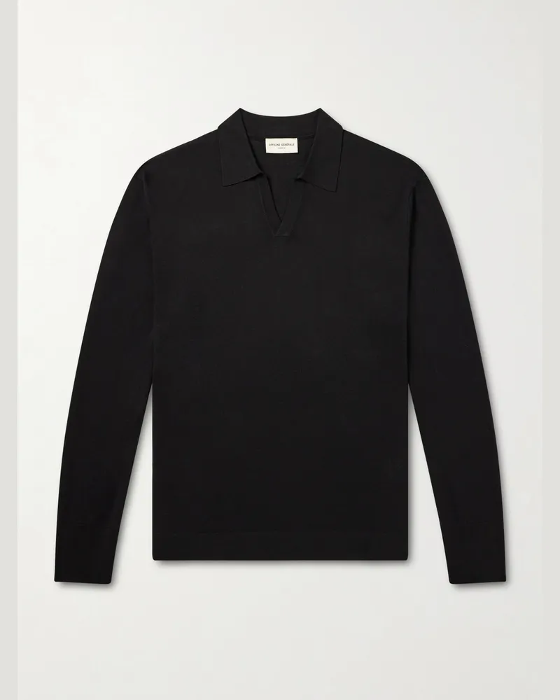 Officine Generale Simone Lyocell and Wool-Blend Polo Shirt Black
