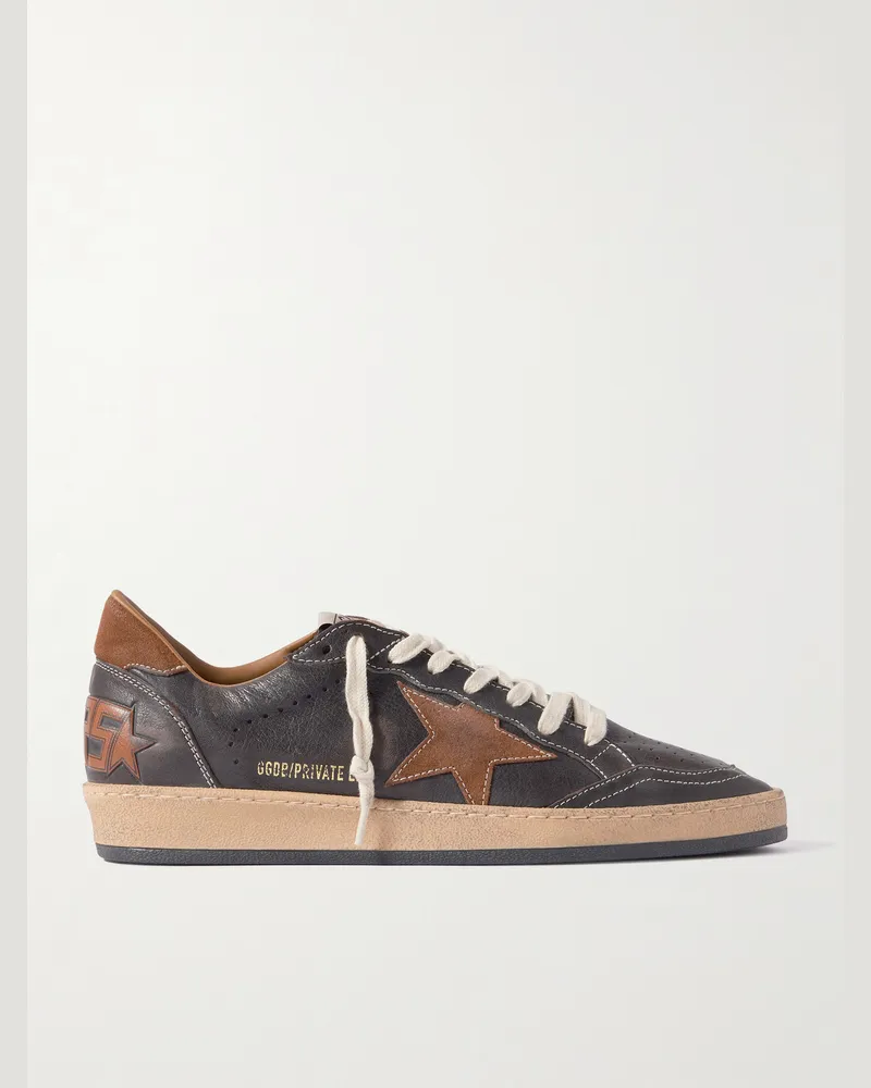 Golden Goose Ball Star Distressed Suede-Trimmed Leather Sneakers Brown