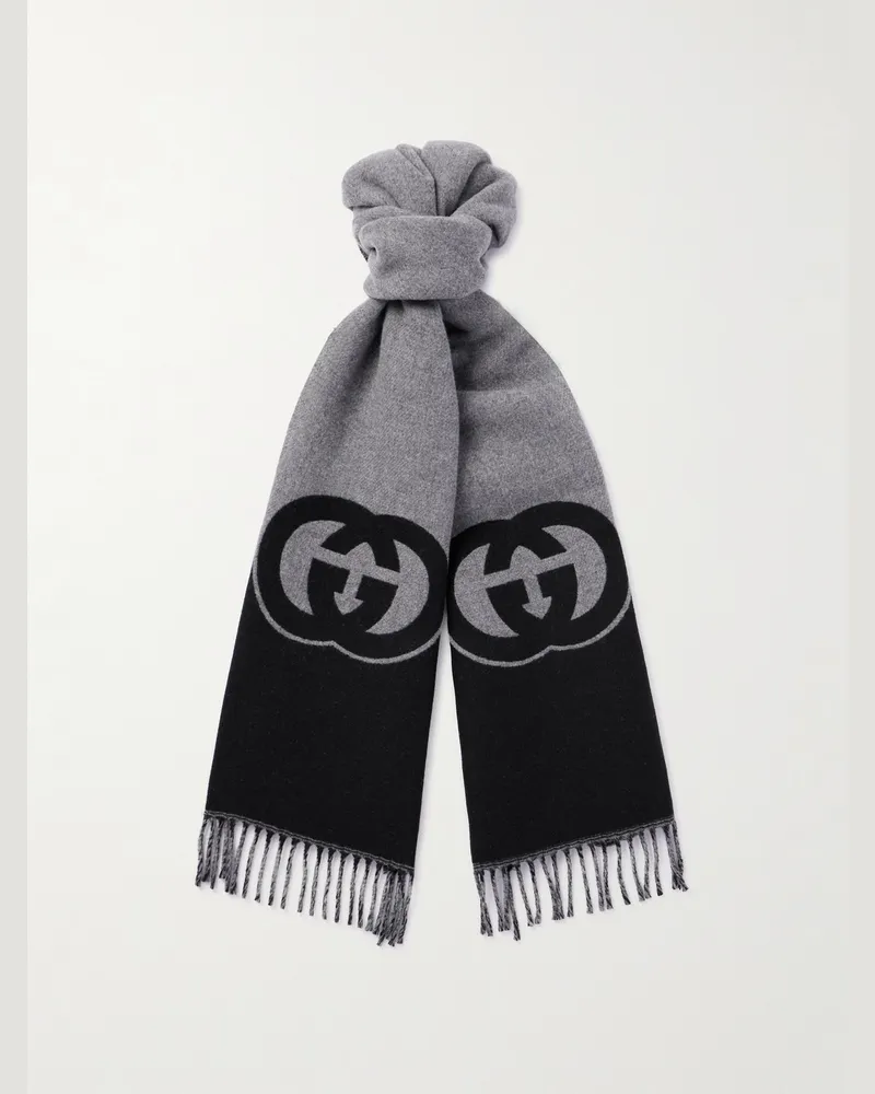 Gucci Schal aus Jacquard aus einer Woll-Kaschmirmischung mit Logomotiv und Fransen Schwarz