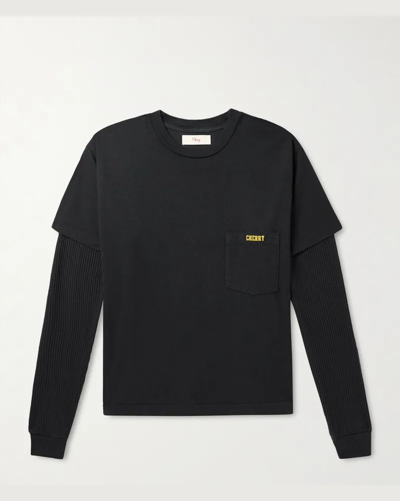 Cherry Los Angeles General Store Logo-Print Layered Waffle-Knit and Cotton-Jersey T-Shirt Black