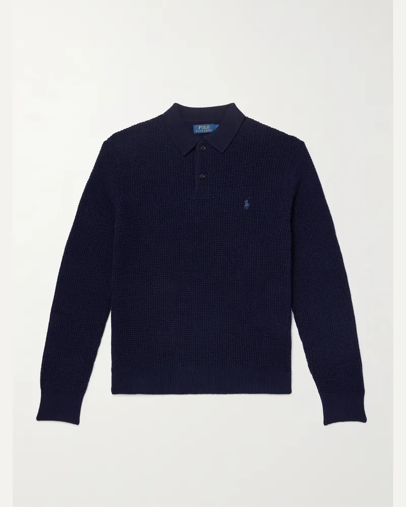 Ralph Lauren Pullover aus einer Woll-Baumwollmischung in Waffelstrick mit Logostickerei und Polokragen Blau