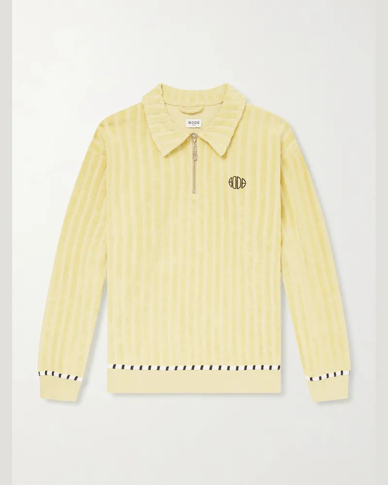 BODE Croquet Ground Logo-Embroidered Cotton-Terry Half-Zip Sweater Yellow