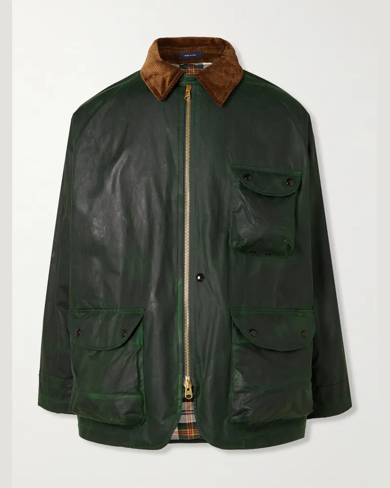 Drake's Corduroy-Trimmed Waxed-Cotton Jacket Green