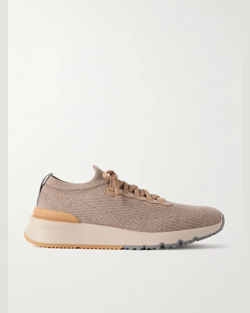 Brunello Cucinelli Leather-Trimmed Stretch-Knit Sneakers Neutrals