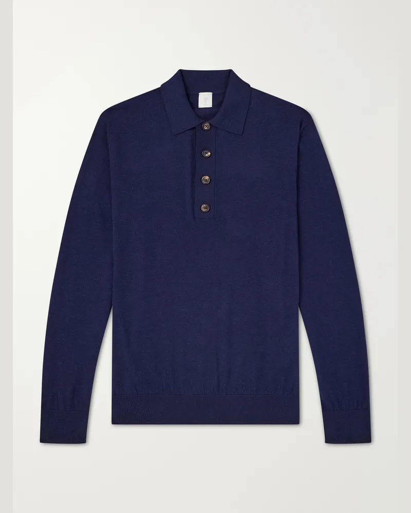 Eleventy Cotton and Cashmere-Blend Polo Shirt Blue