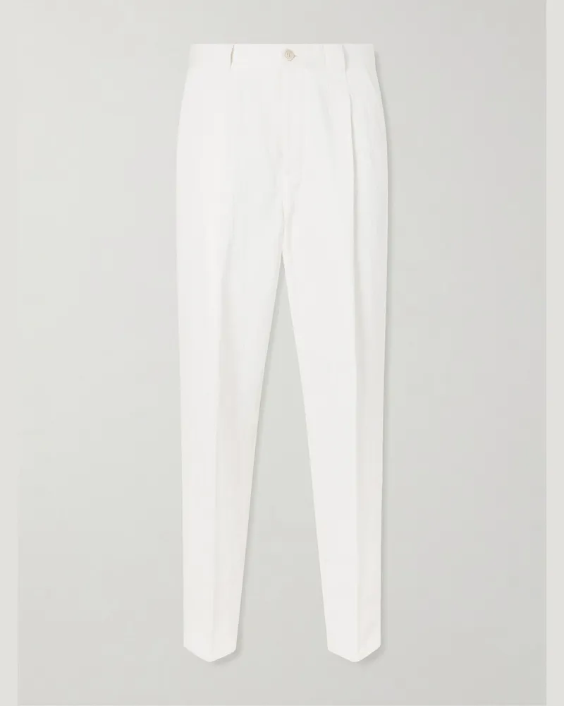 Brunello Cucinelli Straight-Leg Pleated Herringbone Cotton and Linen-Blend Trousers White