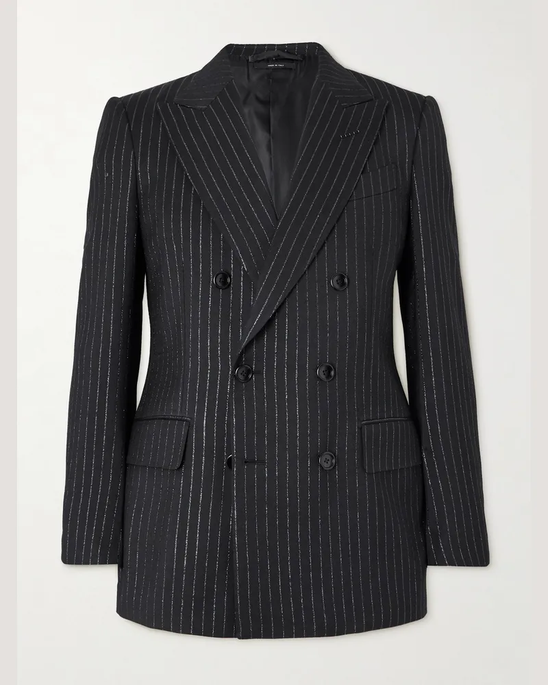 Tom Ford Dyllan Double-Breasted Striped Metallic Wool and Silk-Blend Suit Jacket Black