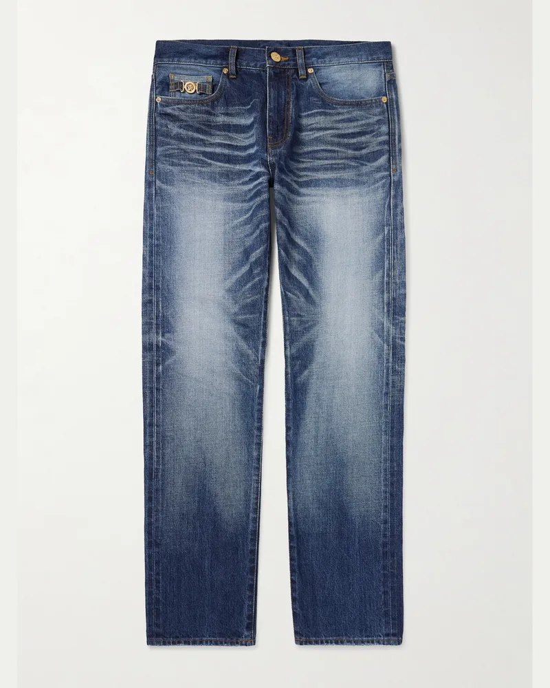 Versace Schmal und gerade geschnittene Jeans mit Verzierung Blau