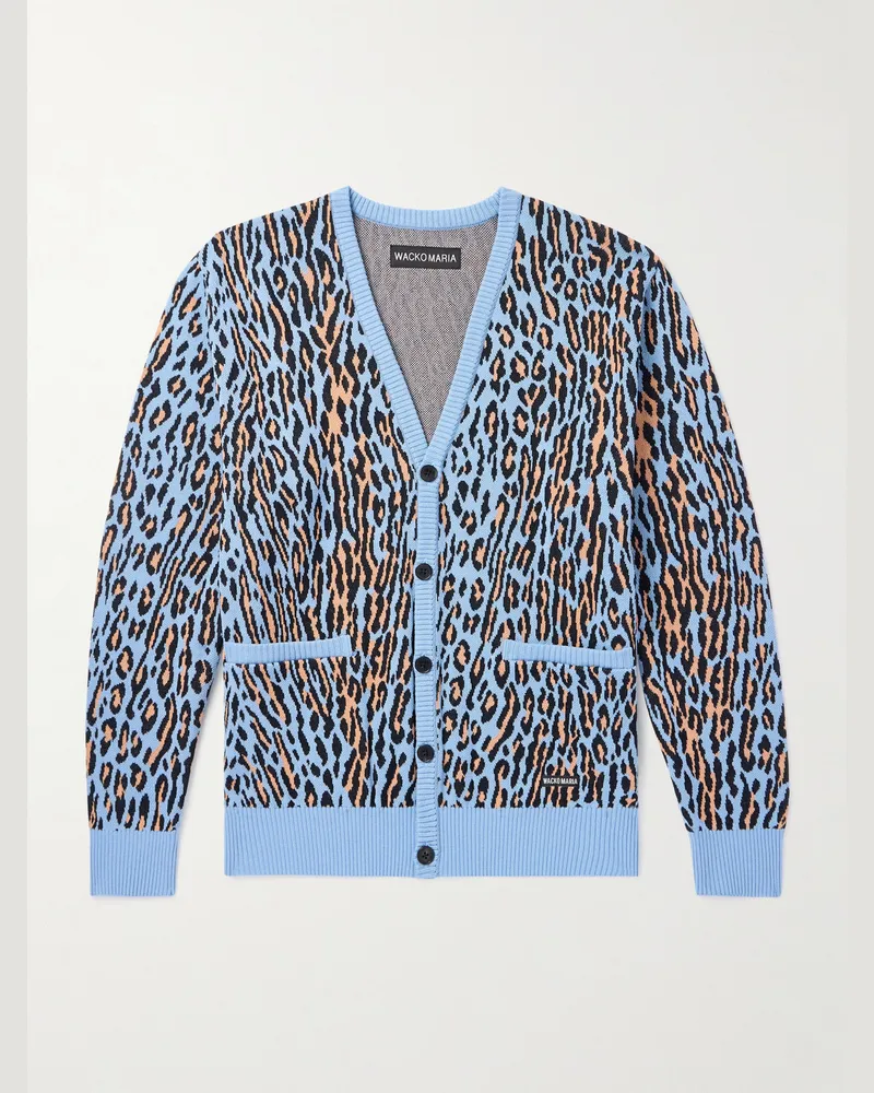Wacko Maria Cardigan aus Baumwoll-Jacquard mit Leopardenmuster Blau
