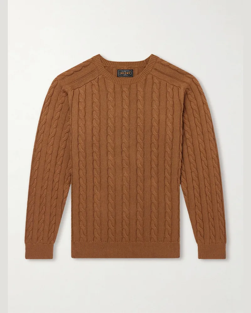 Beams Plus Cable-Knit Cotton Sweater Brown