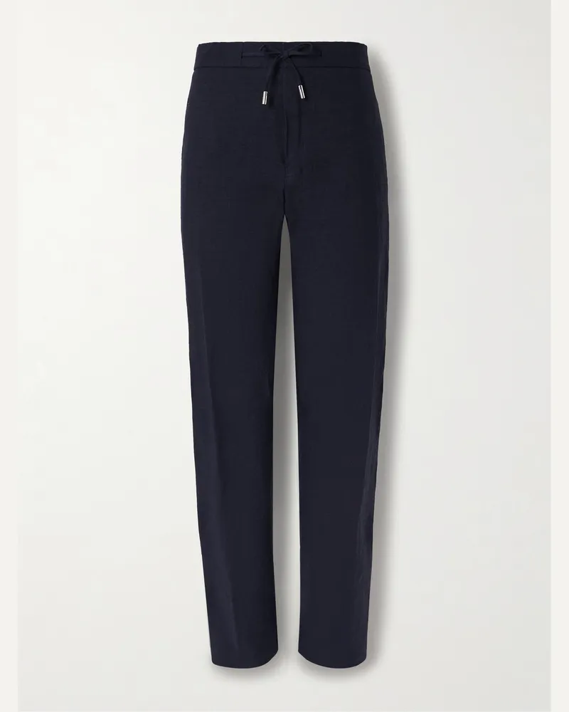 MR P. James Straight-Leg Linen Drawstring Trousers Blue
