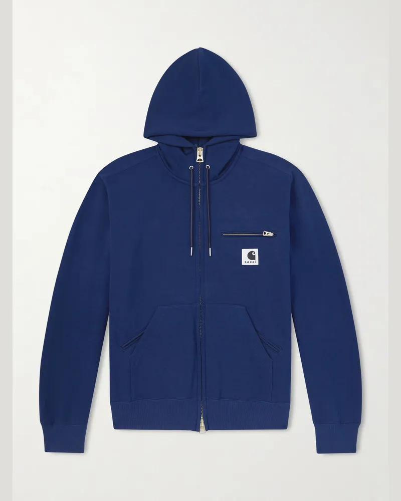 Sacai Carhartt WIP Kapuzenjacke aus Baumwoll-Jersey mit Reißverschluss und Logoapplikation Blau