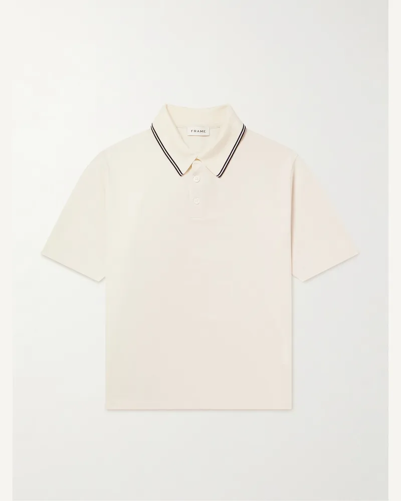 Frame Denim Striped Cotton-Piqué Polo Shirt Neutrals