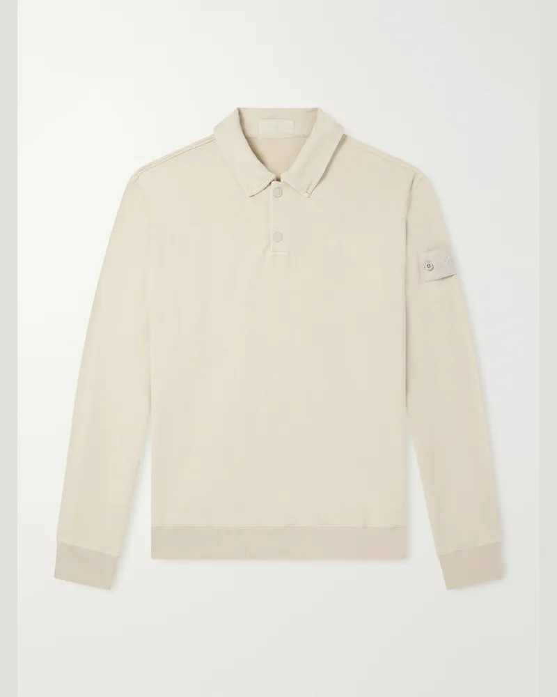 Stone Island GHOST Logo-Appliquéd Garment-Dyed Stretch Cotton-Fleece Polo Shirt Neutrals