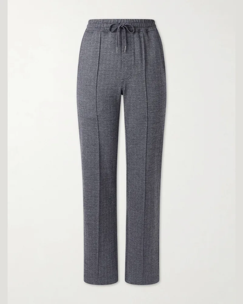 Tom Ford Straight-Leg Herringbone Cotton, Wool and Silk-Blend Drawstring Trousers Gray