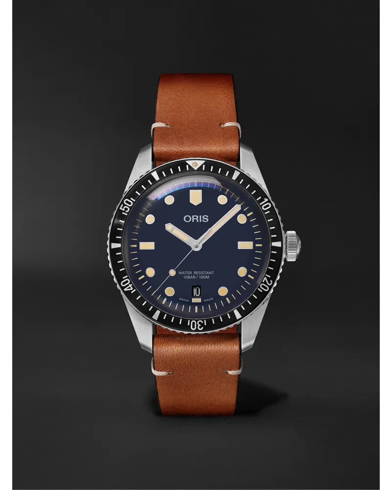 ORIS Divers Sixty-Five Date 40 mm Uhr aus Edelstahl mit automatischem Aufzug und Lederarmband, Ref.-Nr.: 01 733 7707 4055-07 5 20 45 Blau