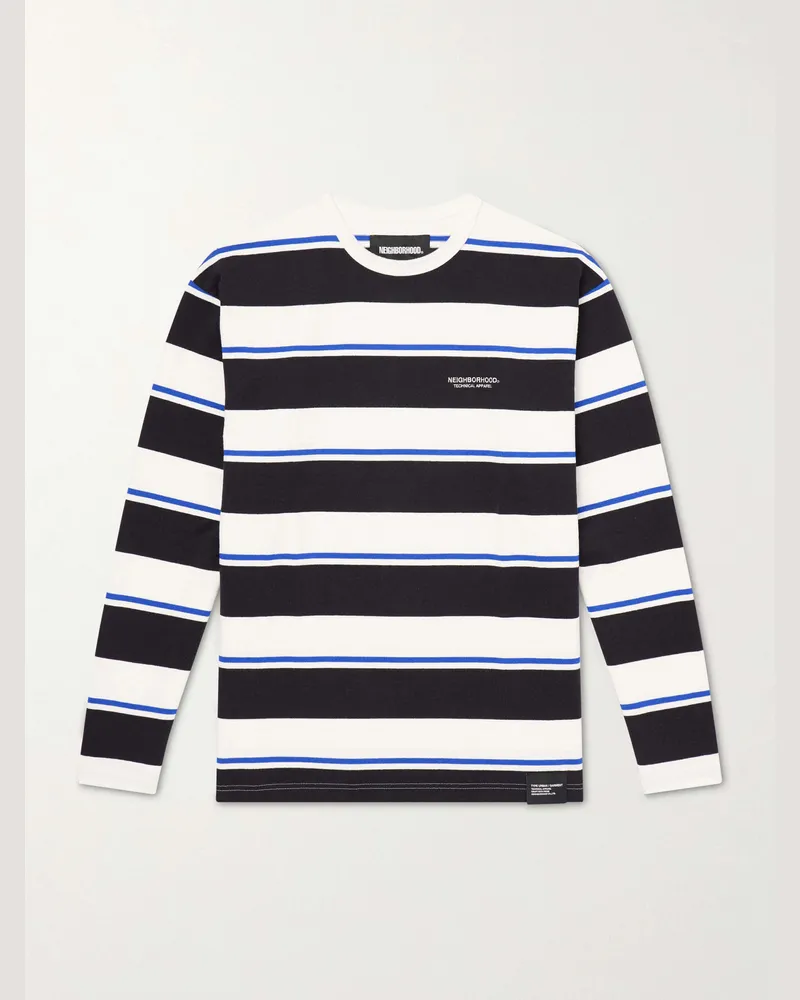 Neighborhood Logo-Embroidered Striped Cotton-Jersey Sweater Blue