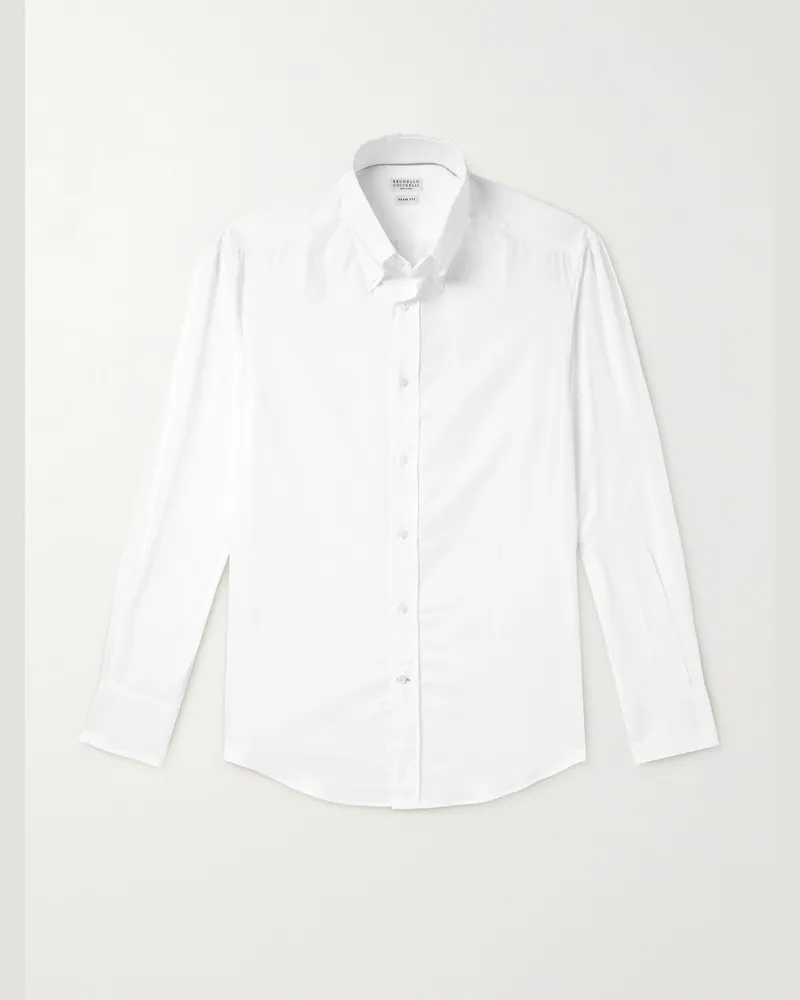 Brunello Cucinelli Hemd aus Baumwollpopeline mit Button-Down-Kragen Weiß
