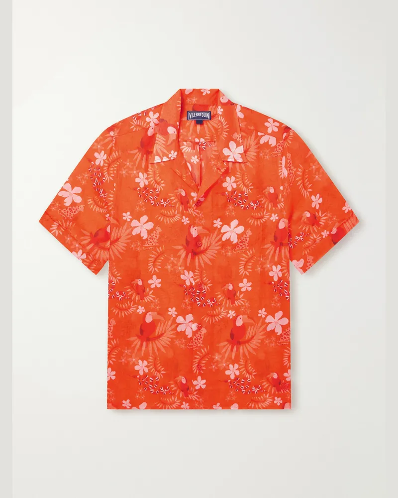 Vilebrequin Charli Camp-Collar Printed Ramie Shirt Orange