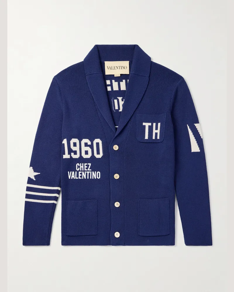 Valentino Garavani Chez Valentino schmal geschnittener Cardigan aus Wolle mit Intarsienmotiven und Schalkragen Blau