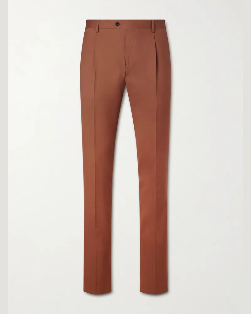 LARDINI Slim-Fit Pleated Virgin Wool-Twill Suit Trousers Brown