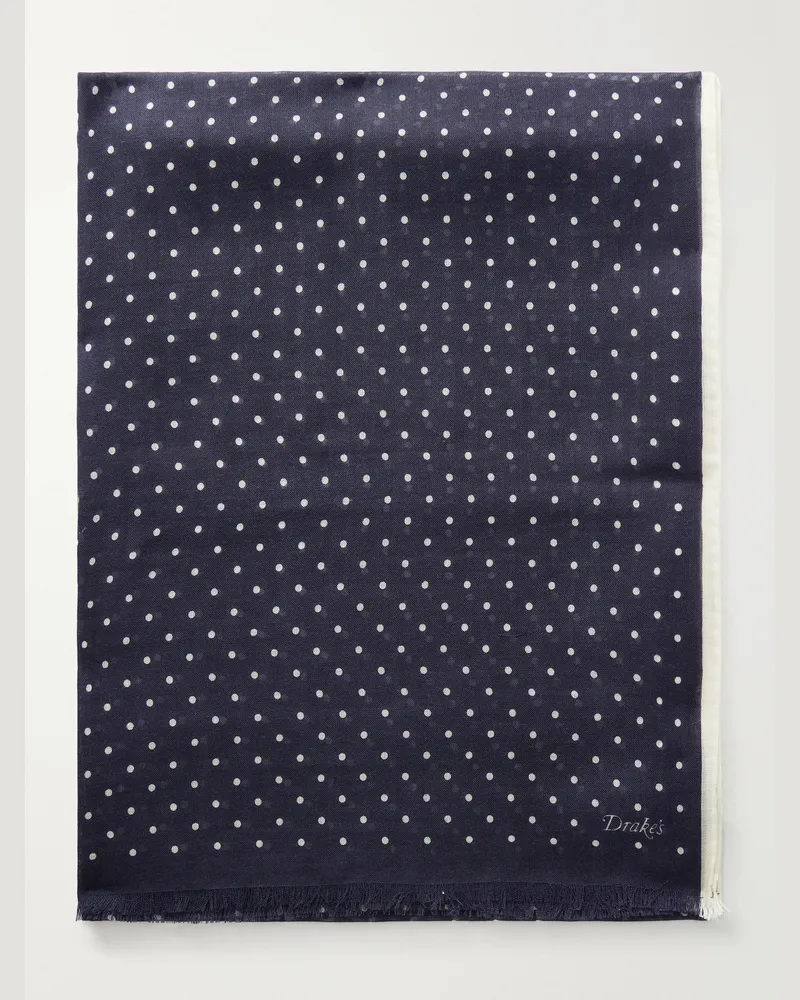 Drake's Shoestring Frayed Polka-Dot Wool and Silk-Blend Twill Scarf Blue