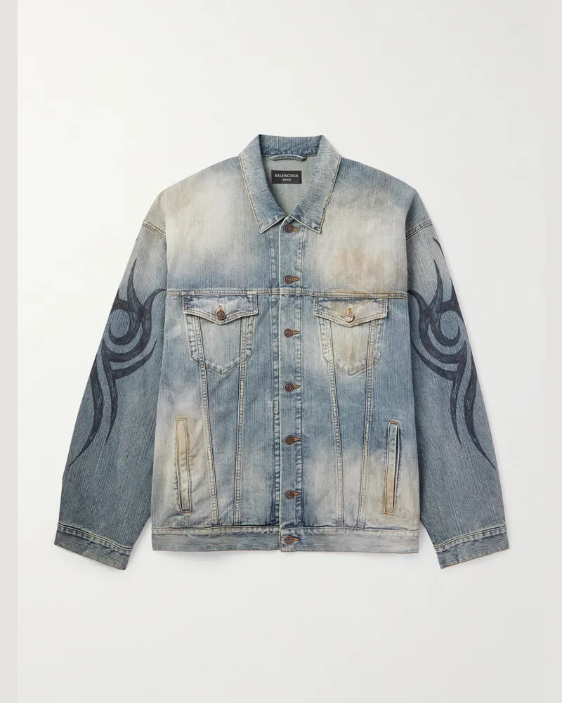 Balenciaga Oversized Distressed Printed Denim Jacket Blue