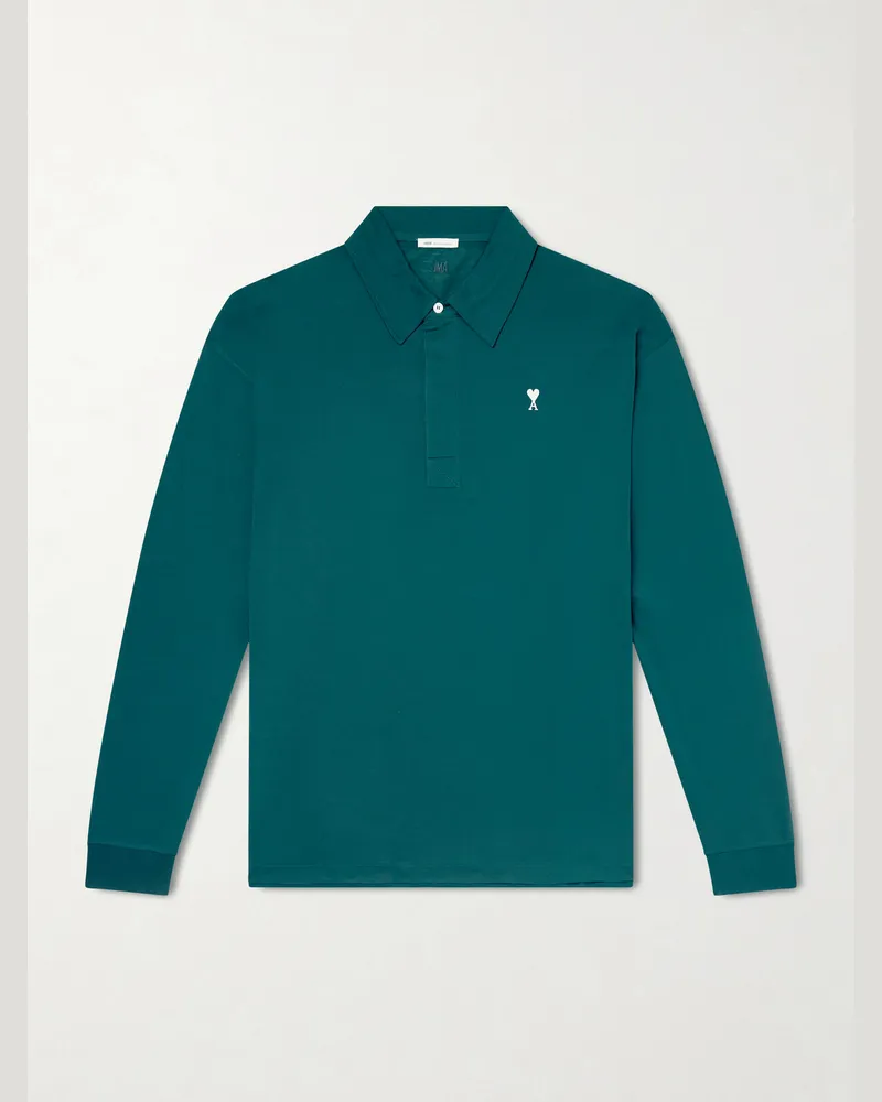 AMI Paris Logo-Embroidered Cotton-Jersey Shirt Green