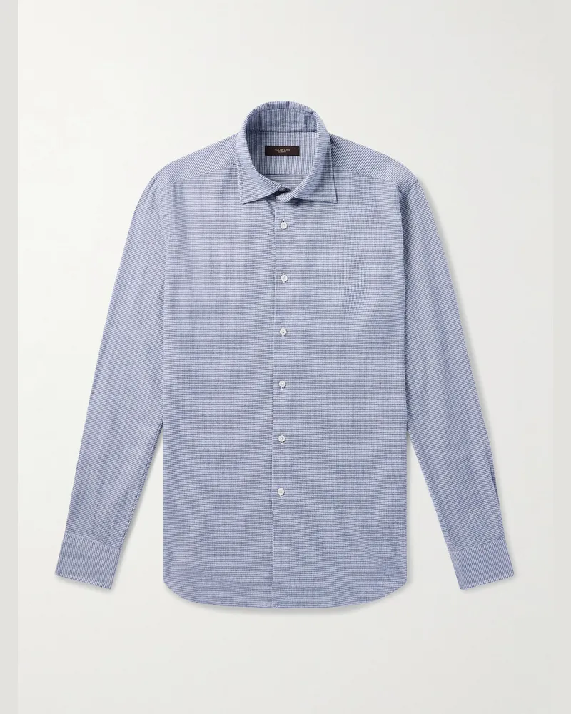 Incotex Schmal geschnittenes Hemd aus Baumwollflanell mit Hahnentrittmuster Blau