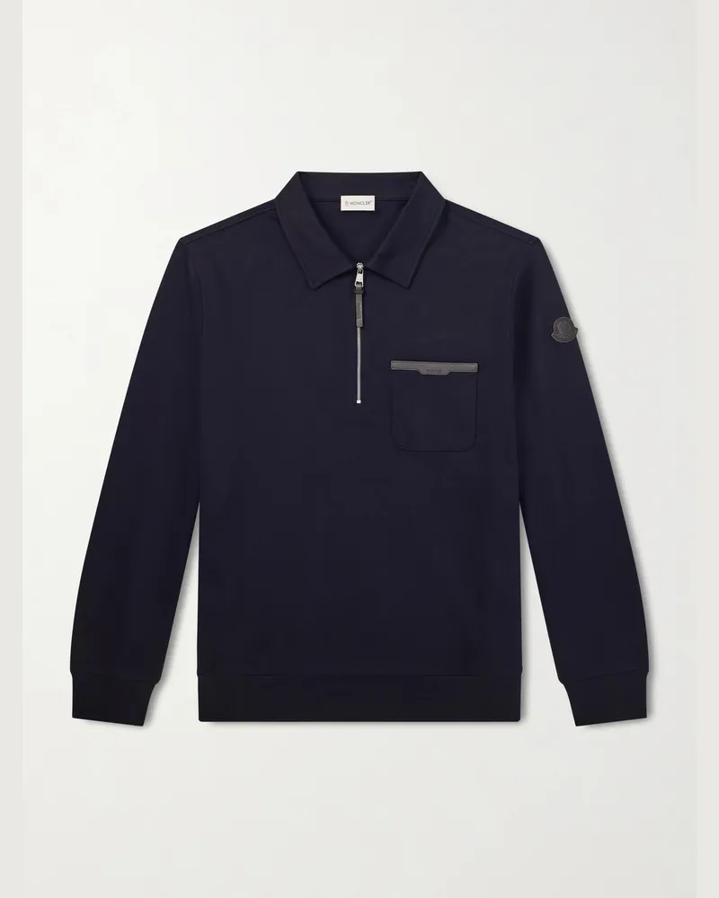 Moncler Leather-Trimmed Cotton-Jersey Half-Zip Polo Shirt Blue