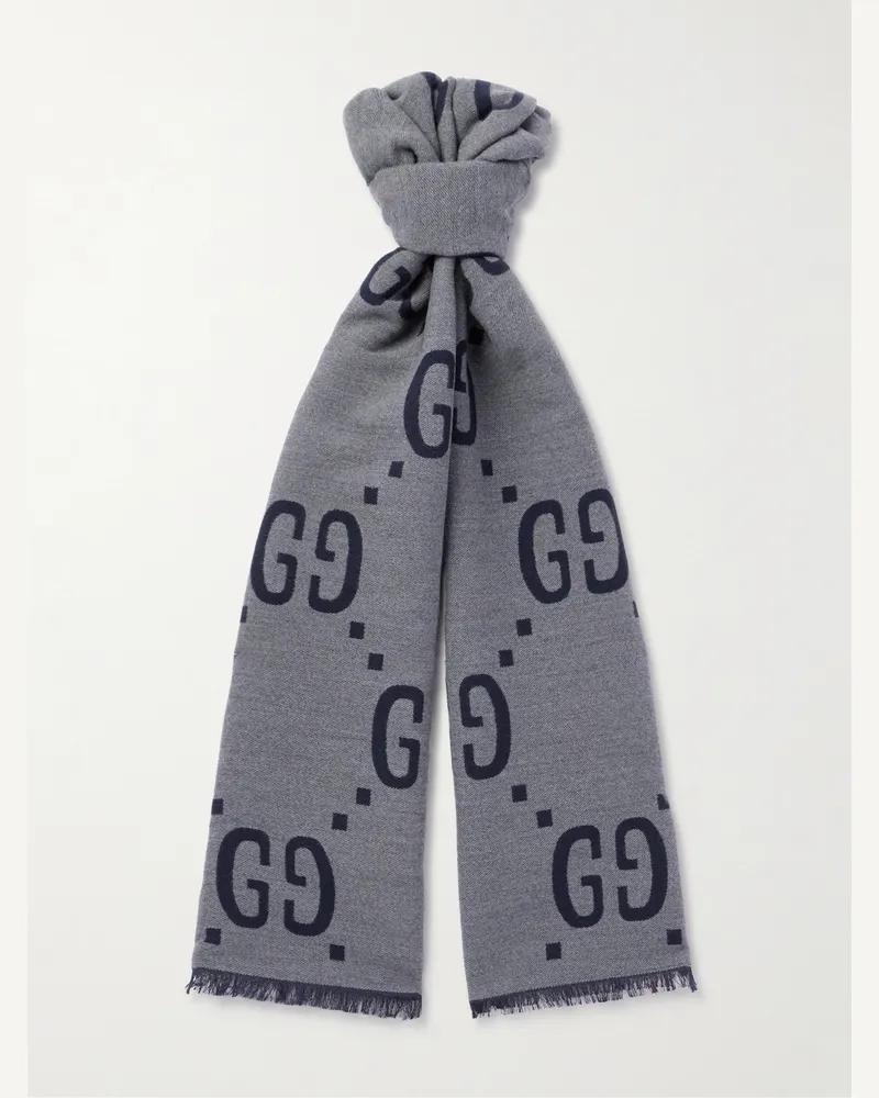 Gucci Logo-Jacquard Wool and Silk-Blend Scarf Gray