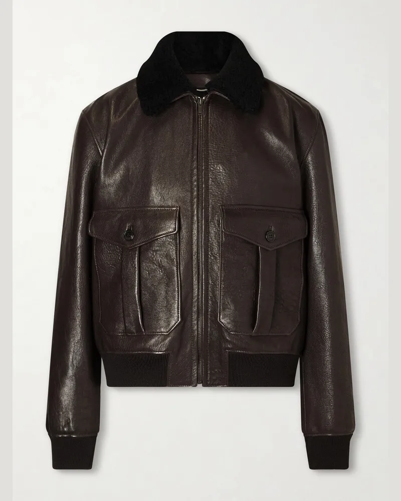 Saint Laurent Shearling-Trimmed Full-Grain Leather Jacket Brown