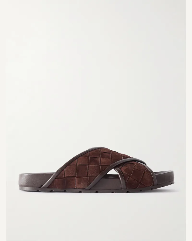 Bottega Veneta Tarik Intrecciato Suede Sandals Brown