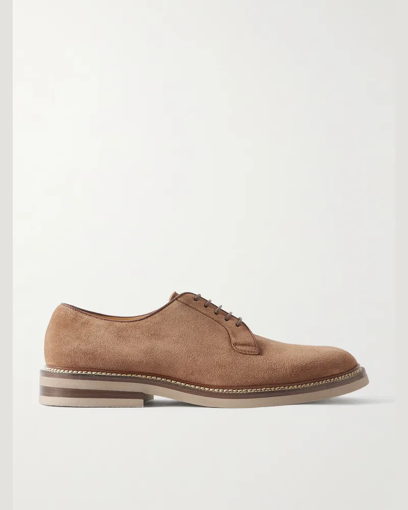 Brunello Cucinelli Derby-Schuhe aus Veloursleder mit Lederbesatz Braun