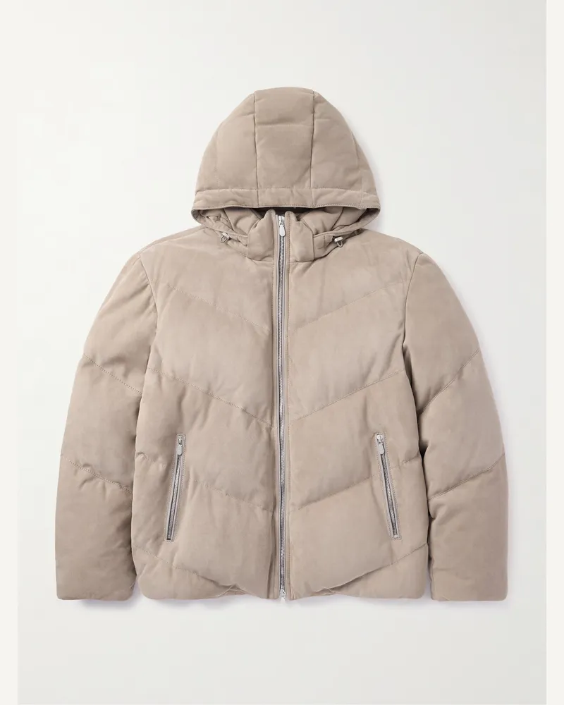 Brunello Cucinelli Daunenjacke aus gestepptem Veloursleder mit Kapuze Neutral