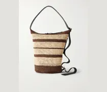 Paula's Ibiza Loop Bucket Medium Leather-Trimmed Raffia Tote Bag