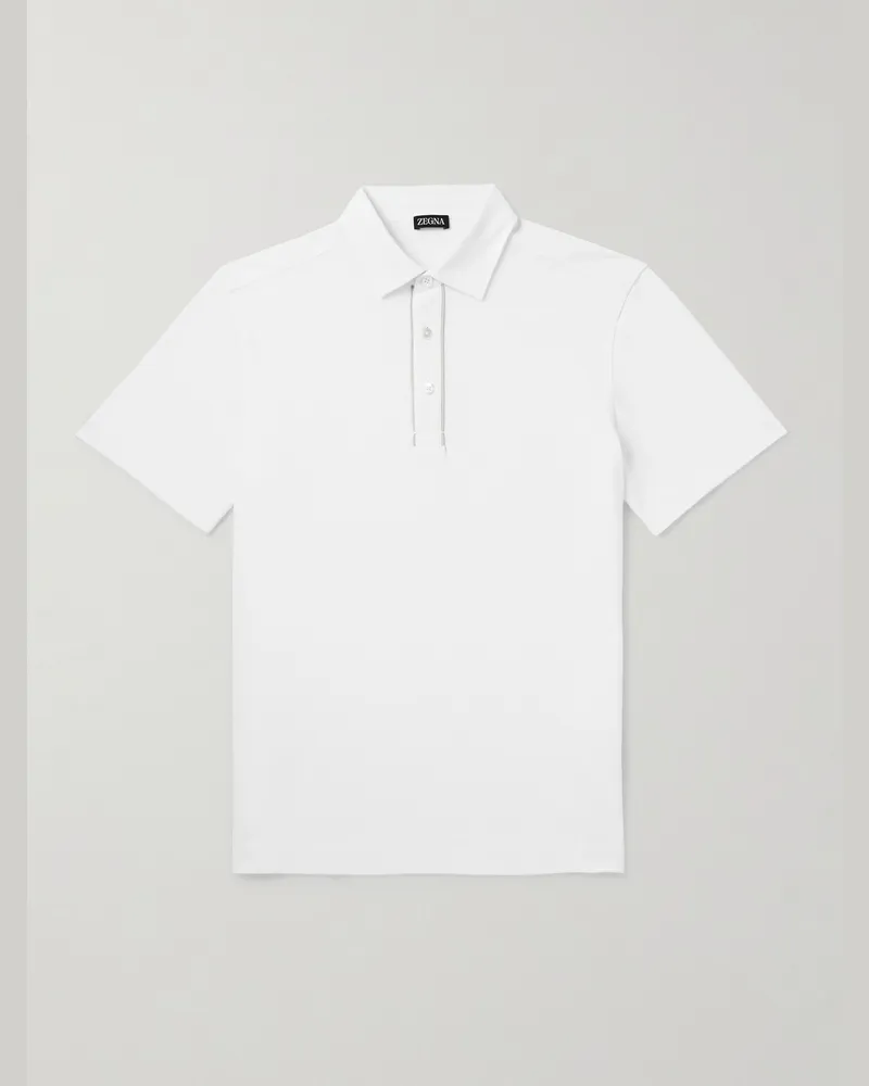 Ermenegildo Zegna Leather-Trimmed Cotton-Piqué Polo Shirt White