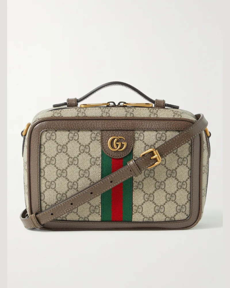 Gucci Ophidia kleine Schultertasche aus beschichtetem Canvas mit Logomuster und Lederbesatz Braun
