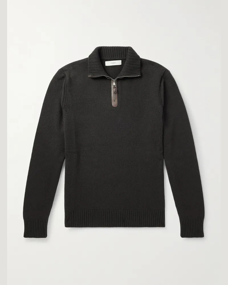 PURDEY Leather-Trimmed Cashmere Half-Zip Sweater Green