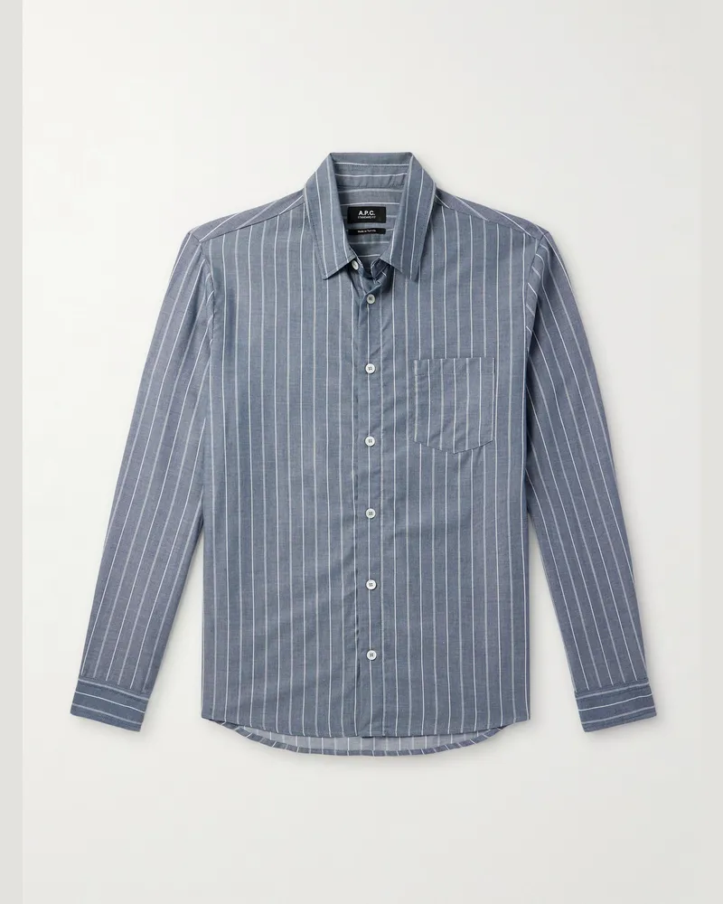 A.P.C. Clement gestreiftes Hemd aus einer Baumwoll-Wollmischung Blau