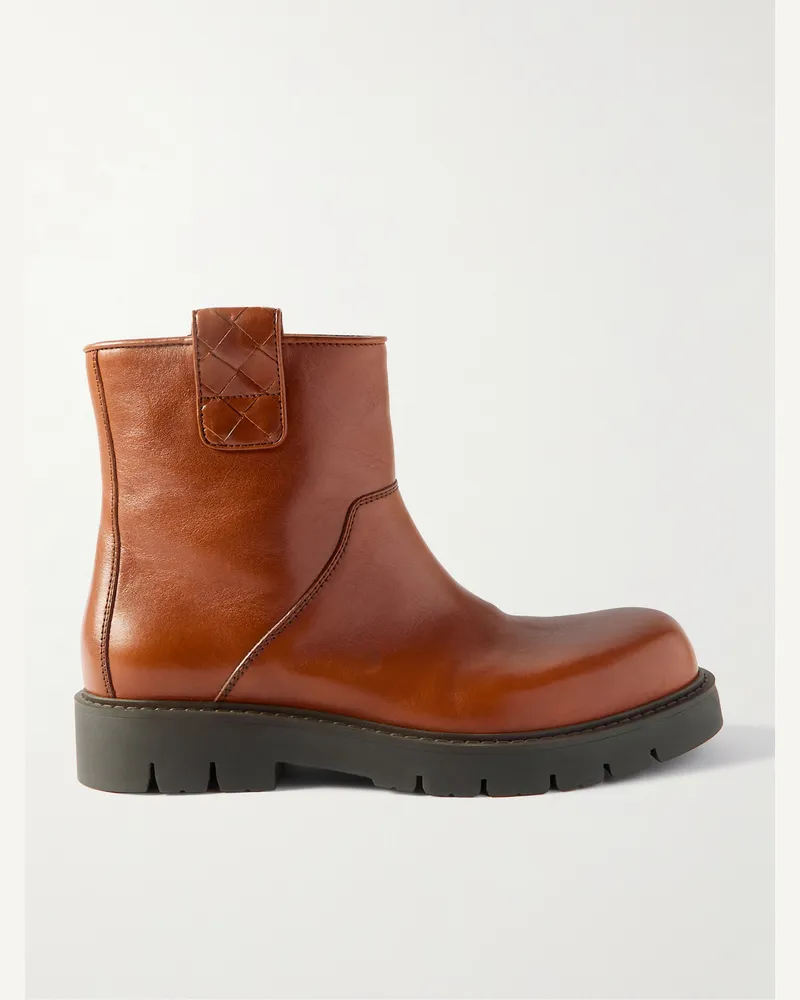 Bottega Veneta Haddock Intrecciato-Detailed Leather Boots Brown