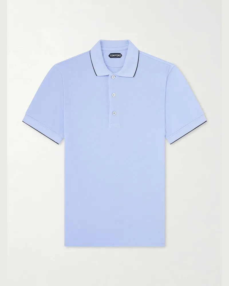 Tom Ford Contrast-Tipped Lyocell-Piqué Polo Shirt Blue