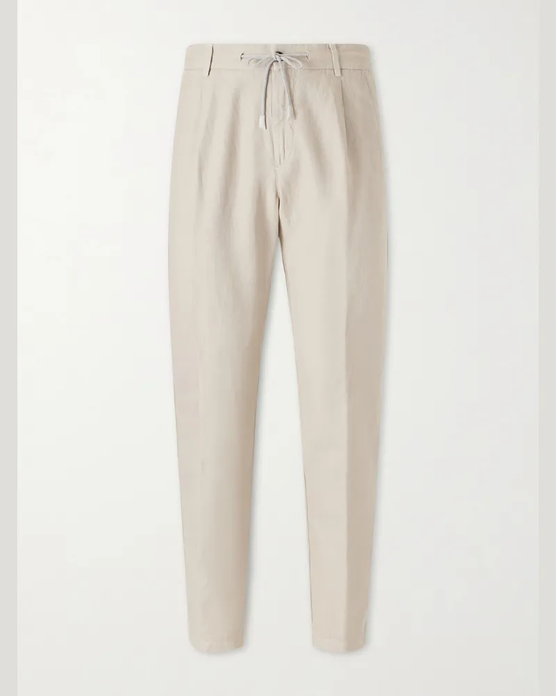 Eleventy Straight-Leg Cotton and Linen-Blend Drawstring Trousers Neutrals