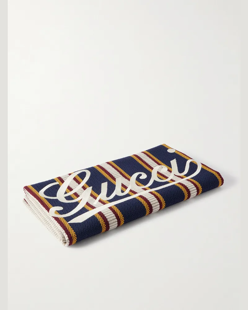 Gucci Gestreifter Schal aus Baumwolle mit Fischgratmuster und Logostickerei Blau