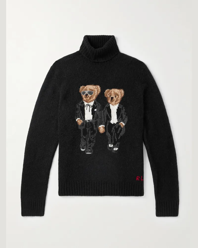 Ralph Lauren Rollkragenpullover aus gebürstetem Jacquard-Strick mit Rippstrickdetails und Stickereien Schwarz