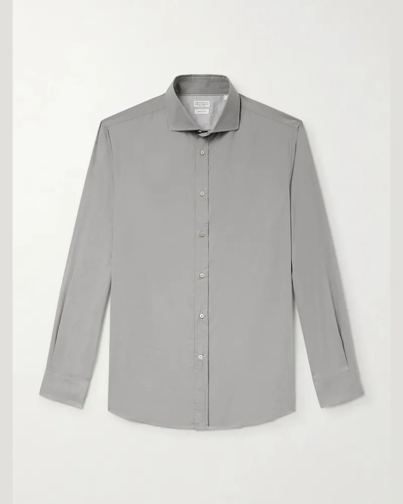 Brunello Cucinelli Cutaway-Collar Cotton Shirt Gray