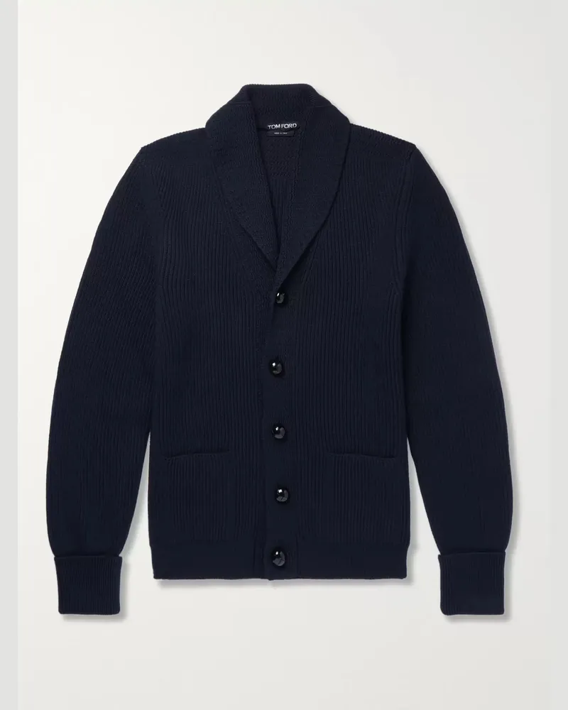 Tom Ford Cardigan aus Wolle in Rippstrick mit Schalkragen Blau