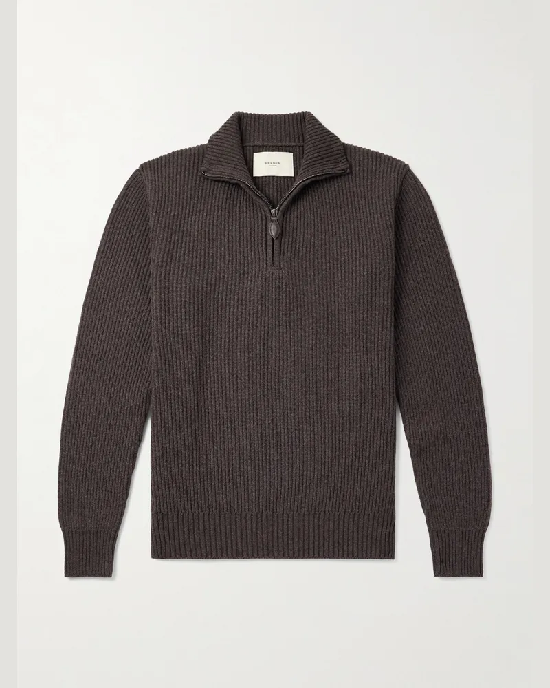 PURDEY Clifford Ribbed Wool and Cashmere-Blend Half-Zip Sweater Brown