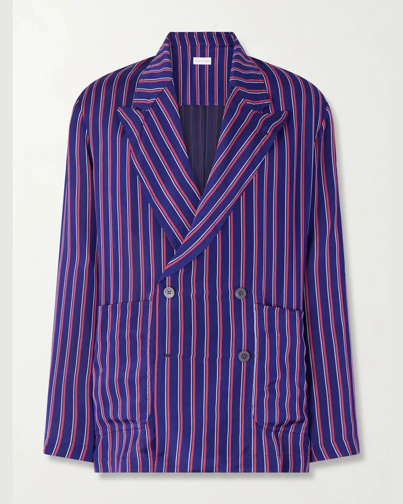 Dries van Noten Double-Breasted Striped Twill Blazer Blue