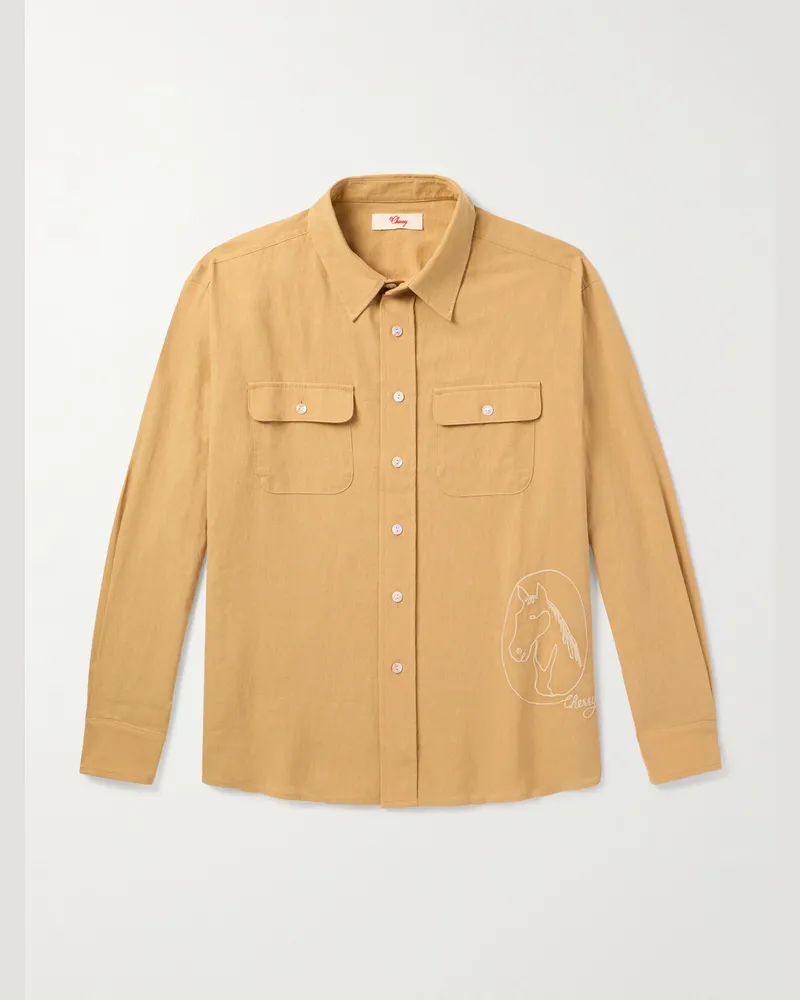 Cherry Los Angeles Hemd aus einer Baumwoll-Leinenmischung mit Button-Down-Kragen und Stickerei Gelb